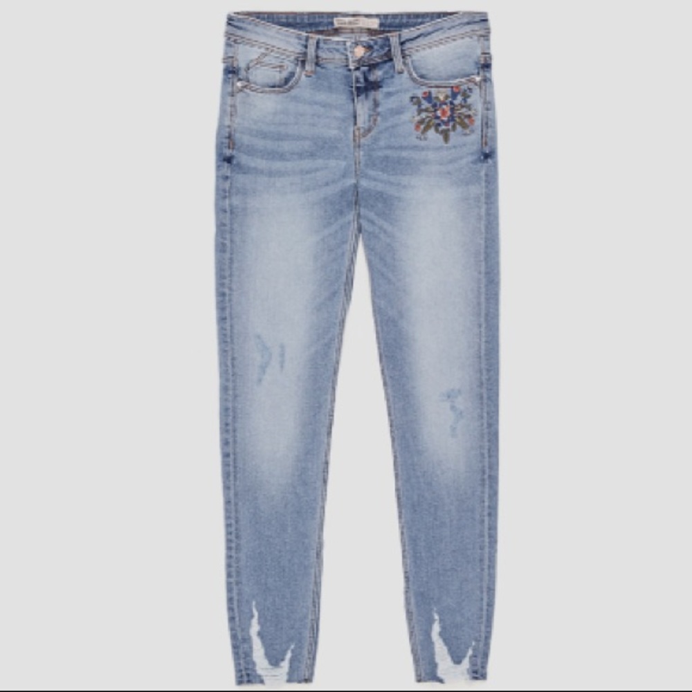 Zara Skinny Mid Rise Floral Embroidered Jeans